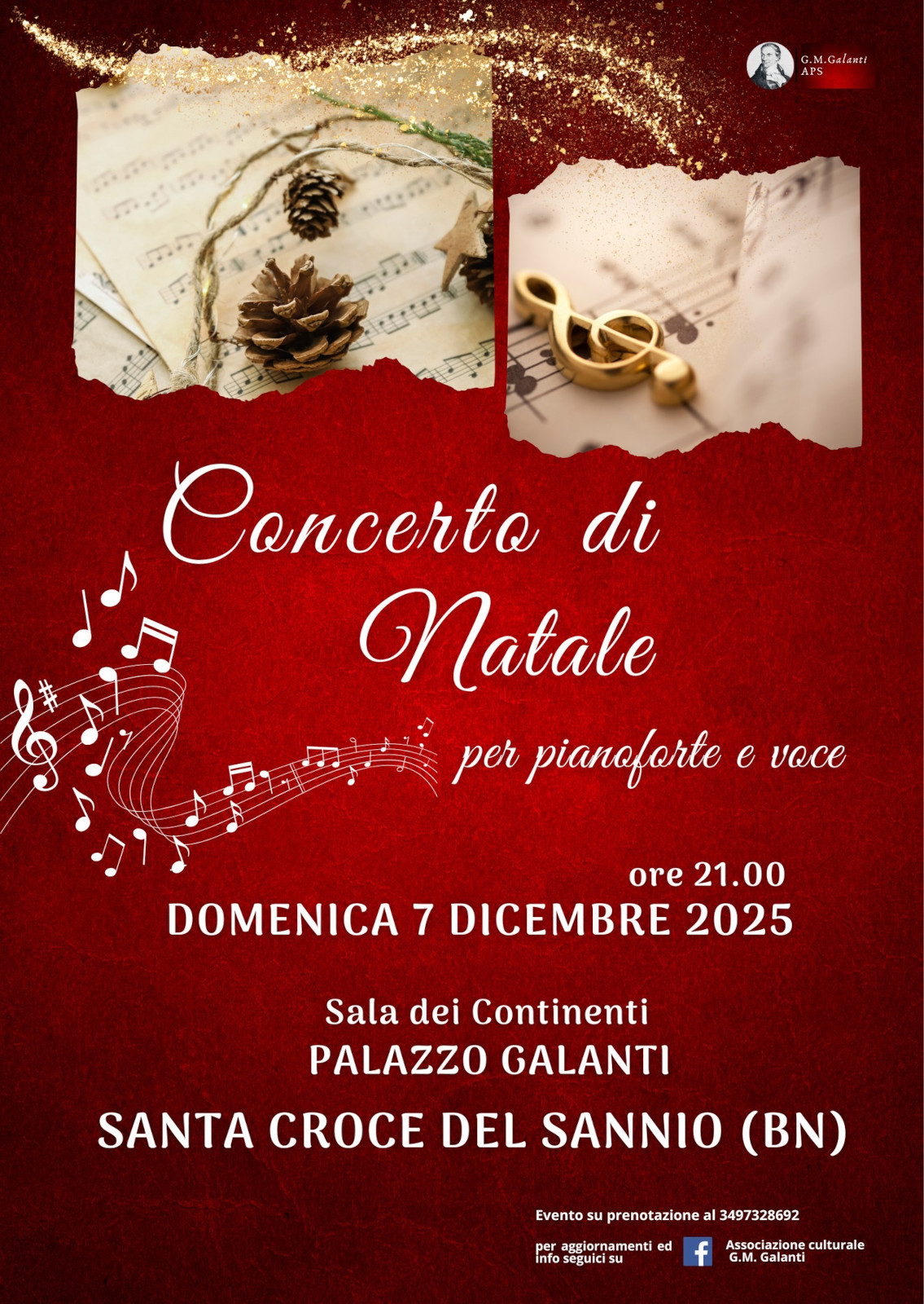 Locandina del Concerto di Natale nella Sala dei Continenti di Palazzo Galanti, a Santa Croce del Sannio, il giorno 7 dicembre 2025, ore 21:00